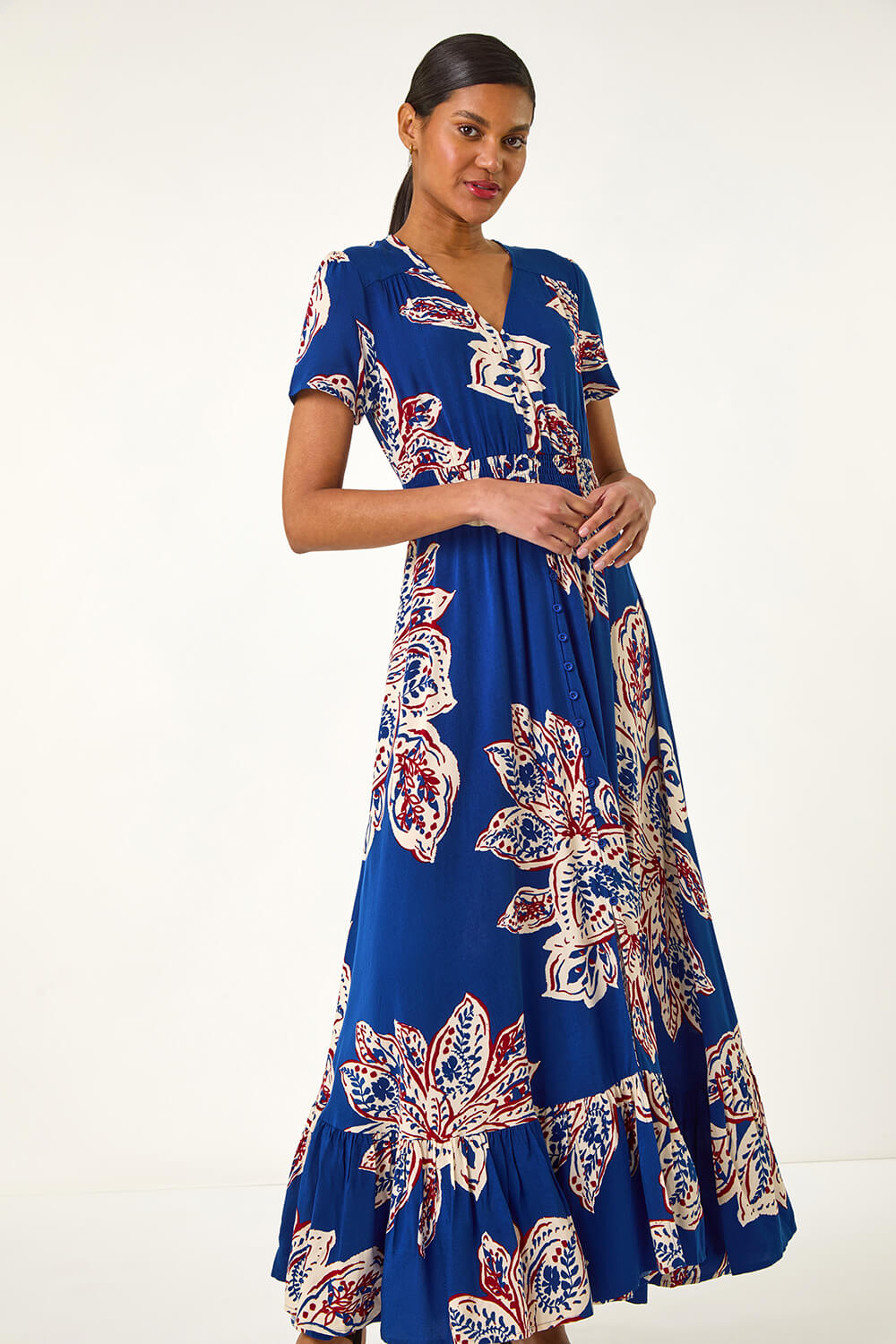 Blue Leaf Print Shirred Maxi Dress, Image 5 of 5
