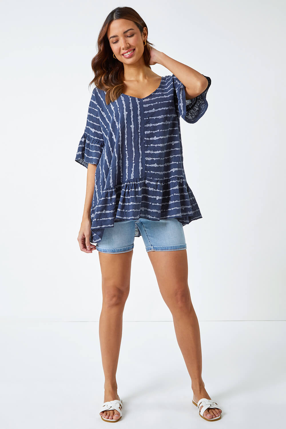 Navy Striped Frill Hem Cotton Tunic Top, Image 3 of 5