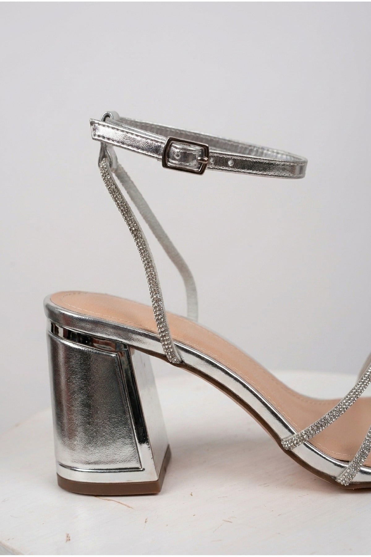 Silver iKrush Silver Cordelia Rhinestone Strap Block Heel Sandals, Image 3 of 5