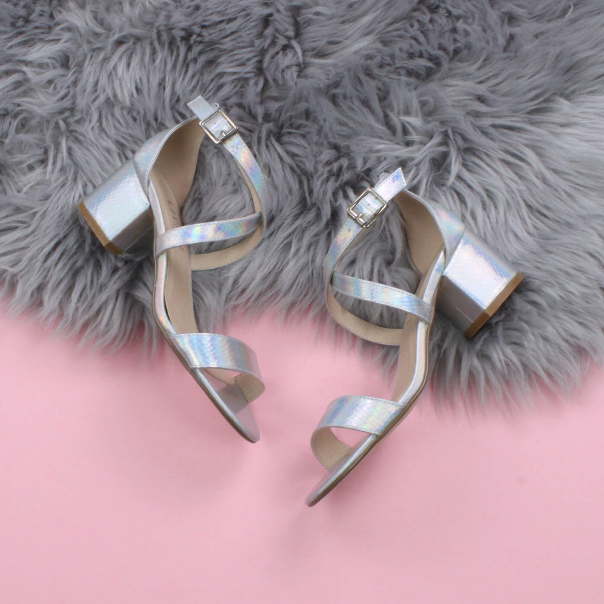 Silver Mid Block Heel Crossed Straps Sandals, Image 4 of 6