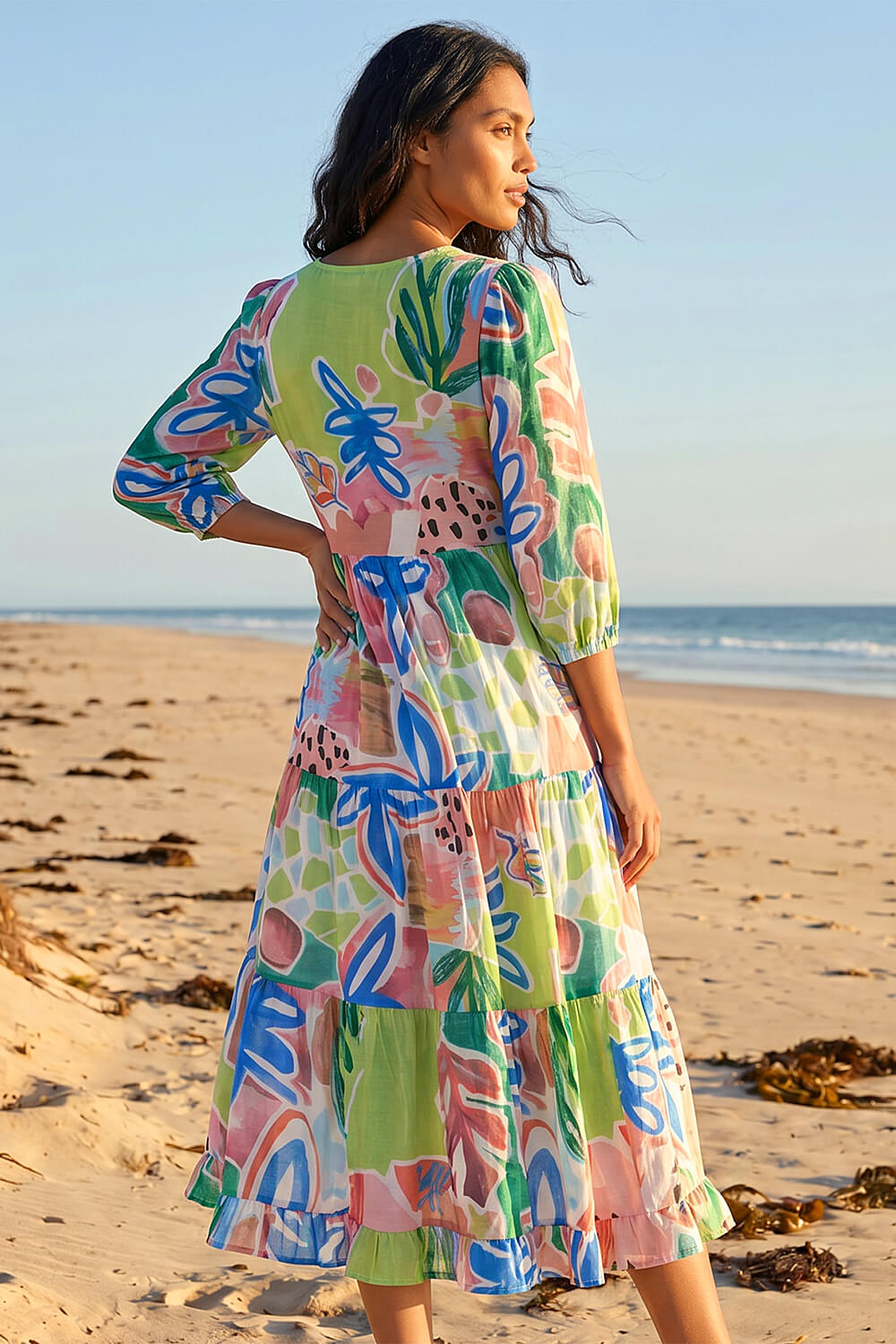 Blue Abstract Print Tiered Dress, Image 4 of 4