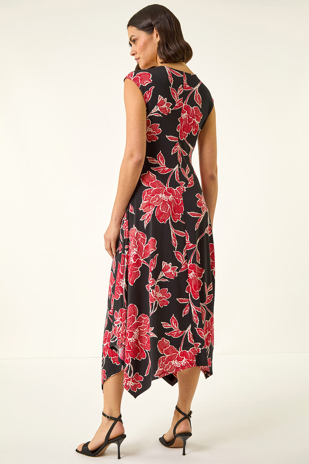 Black Floral Print Stretch Midi Dress, Image 4 of 5