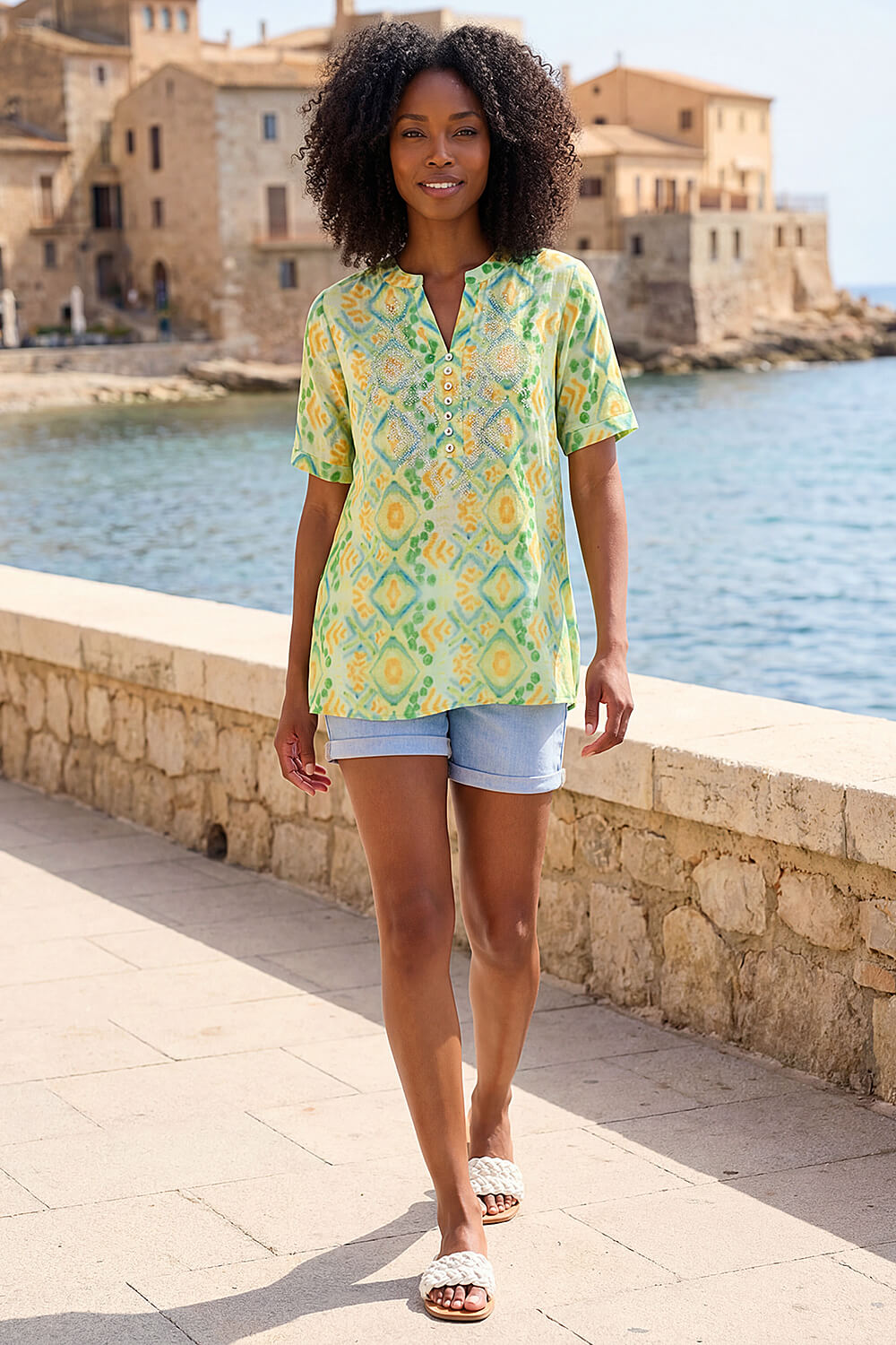 Green Watercolour Print Embellished Top, Image 1 of 4