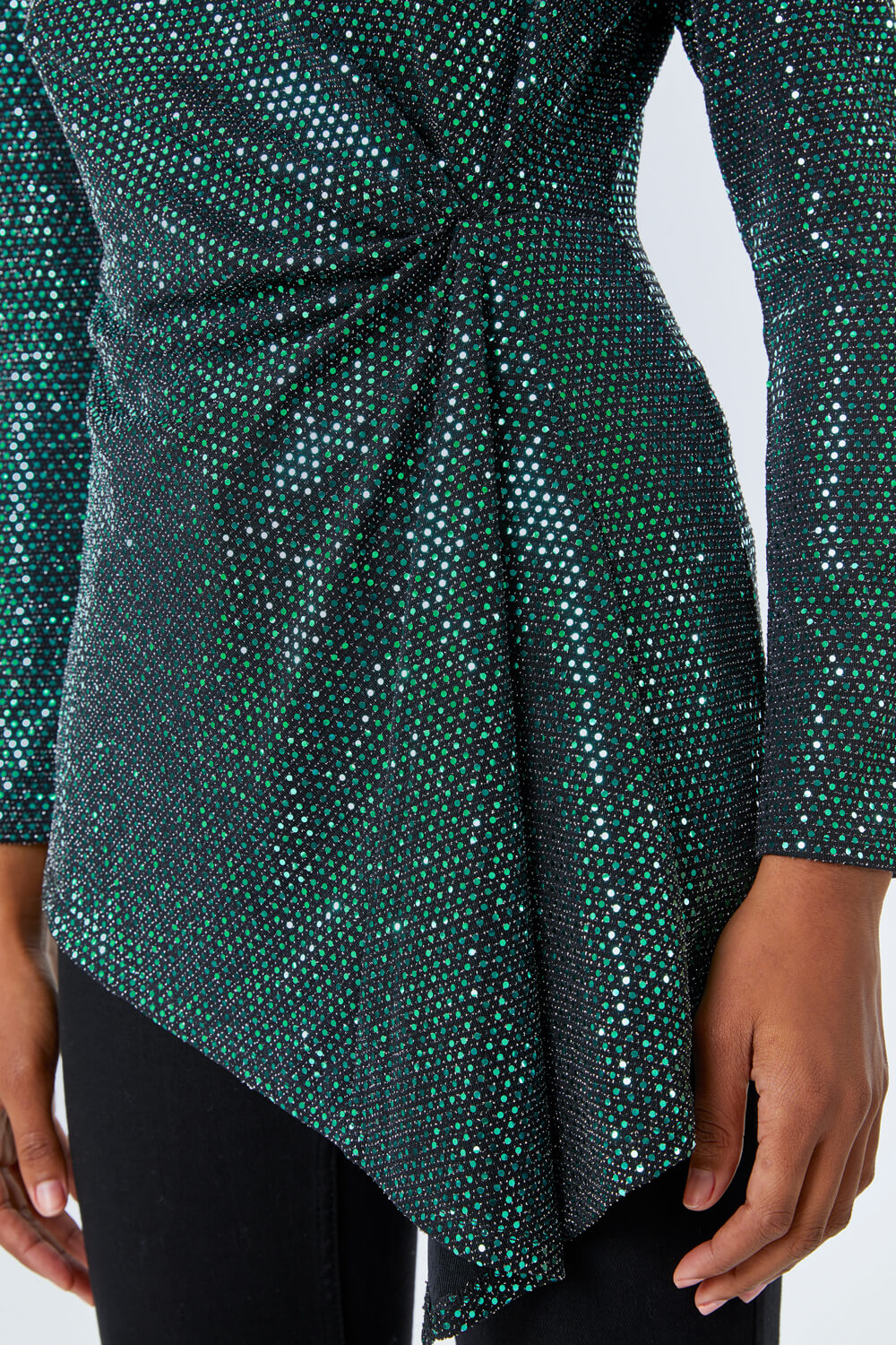 Green Sequin Ruched Waist Jersey Top, Image 6 of 5