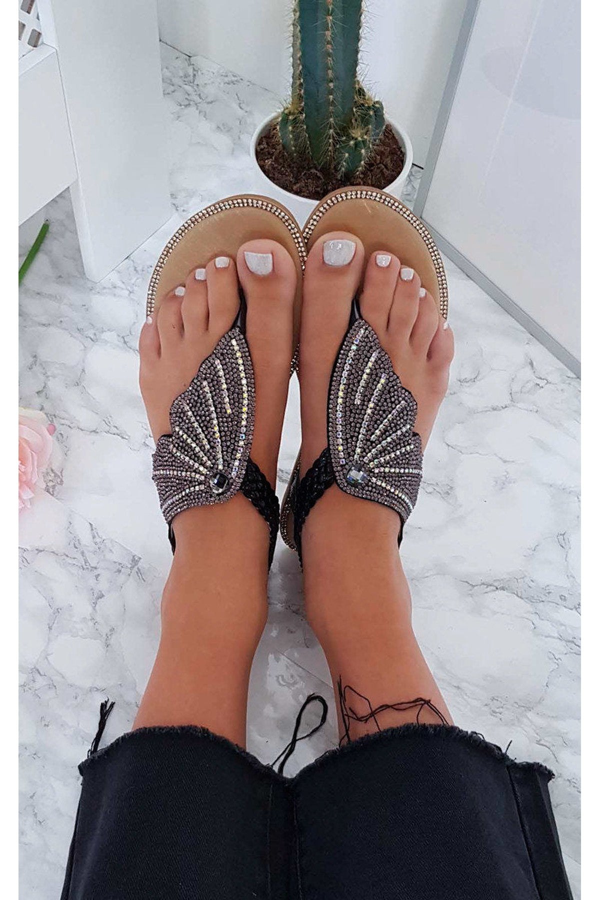 Black Orlagh Diamante Embellished Sandals, Image 2 of 8
