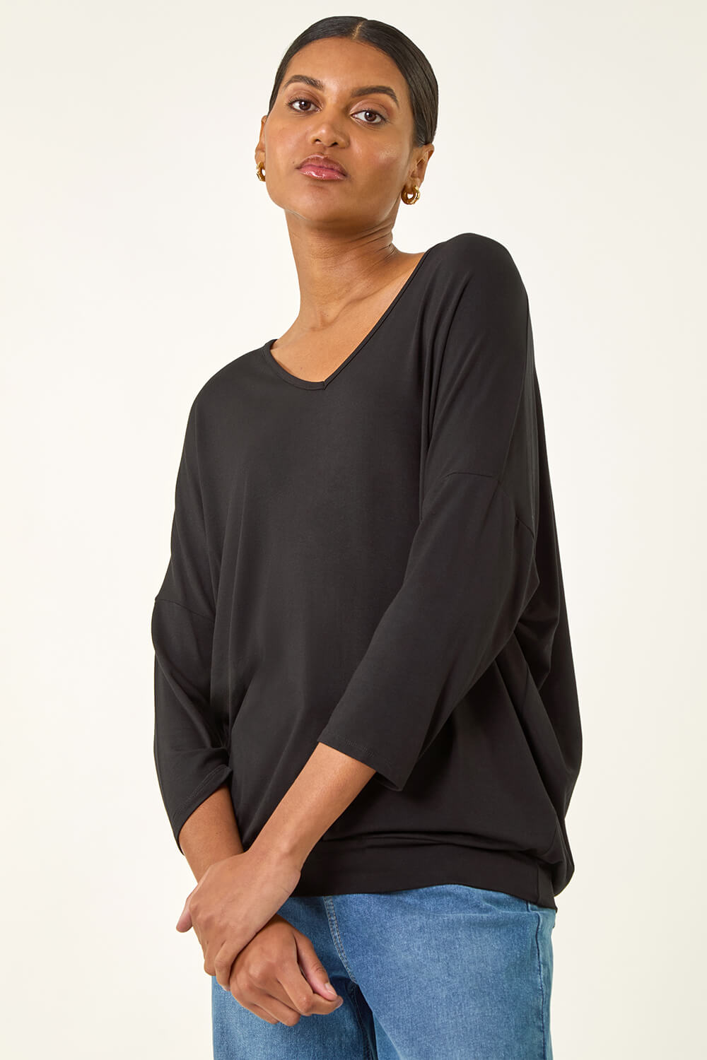 Black V-Neck Jersey Stretch T-Shirt, Image 3 of 6