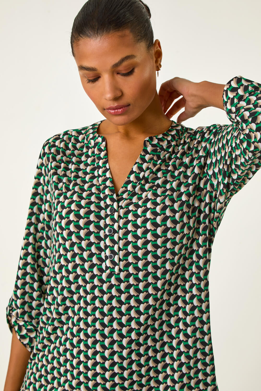 Green Abstract Print V-Neck Button Stretch Shirt, Image 1 of 5