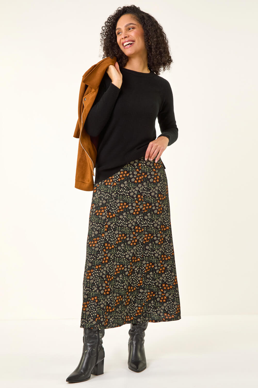 Orange Ditsy Floral Print Stretch Midi Skirt, Image 4 of 5