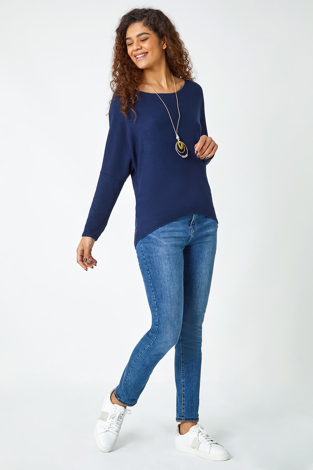 Navy Necklace Detail Stretch Knit Top, Image 3 of 5