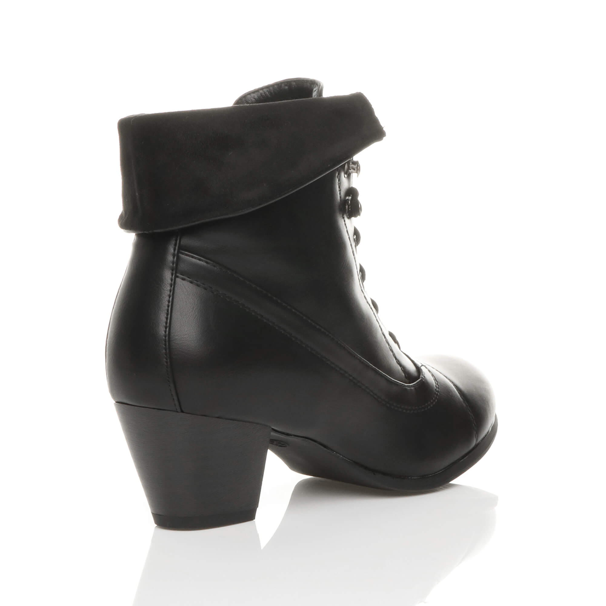 Black Mid Cuban Heel Pixie Lace Up Granny Ankle Boots, Image 4 of 8