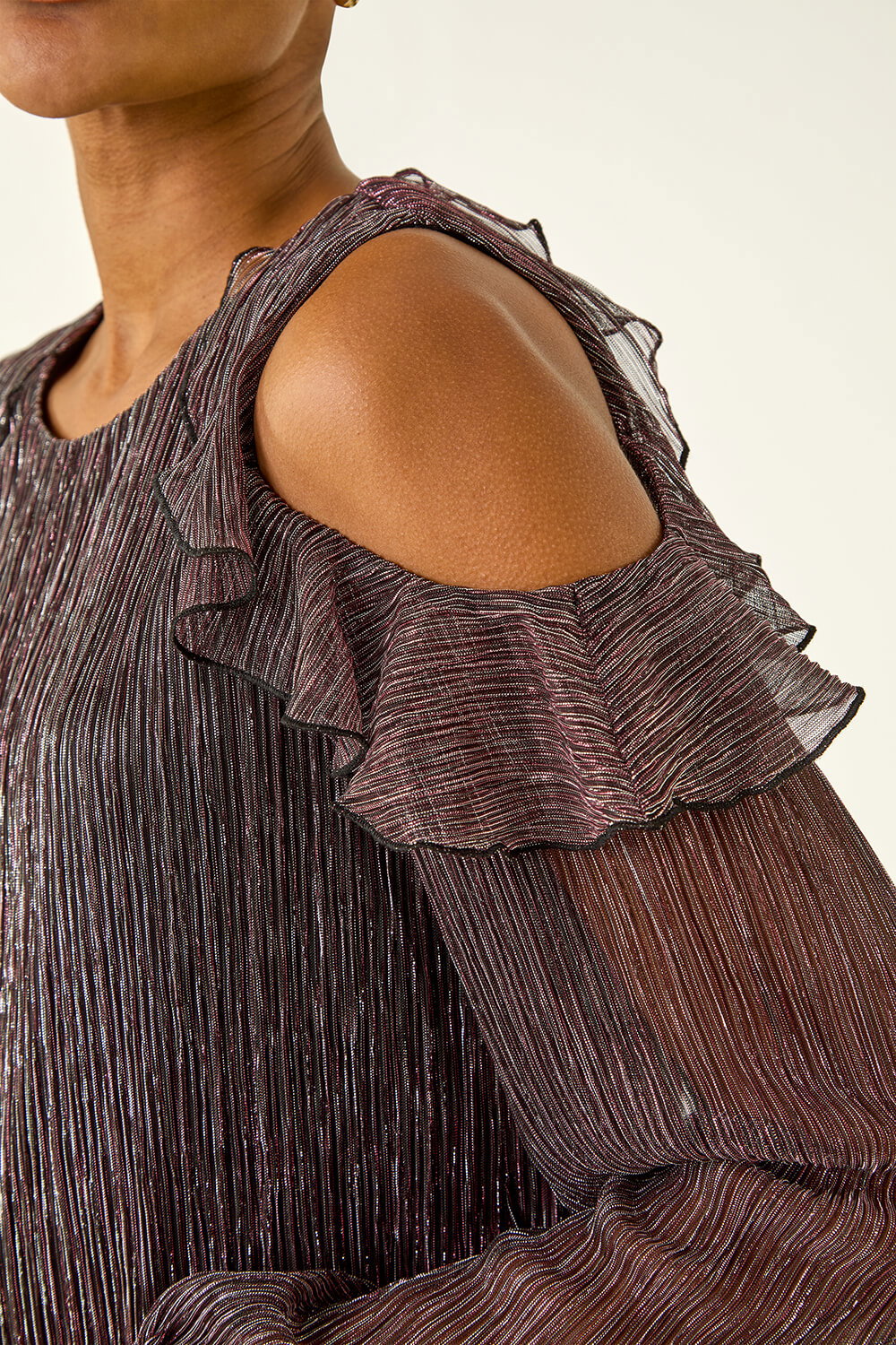 Pink Shimmer Cold Shoulder Plisse Top, Image 7 of 6