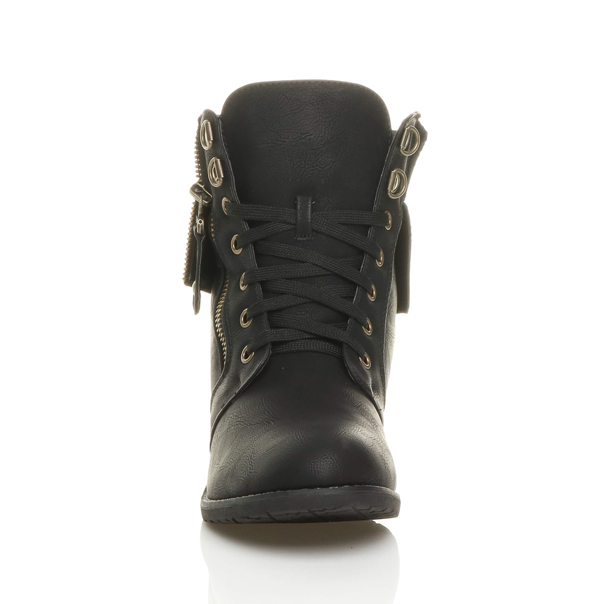 Black AJVANI Black Lace Up Knitted Collar Biker Military Boots, Image 6 of 6