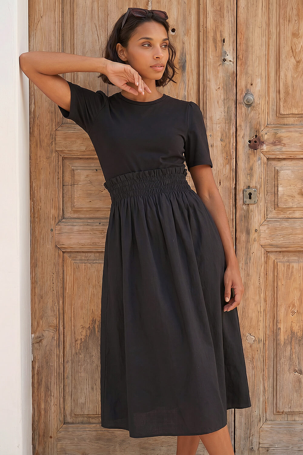 Black Dusk Shirred Waist Midi Dress, Image 3 of 4