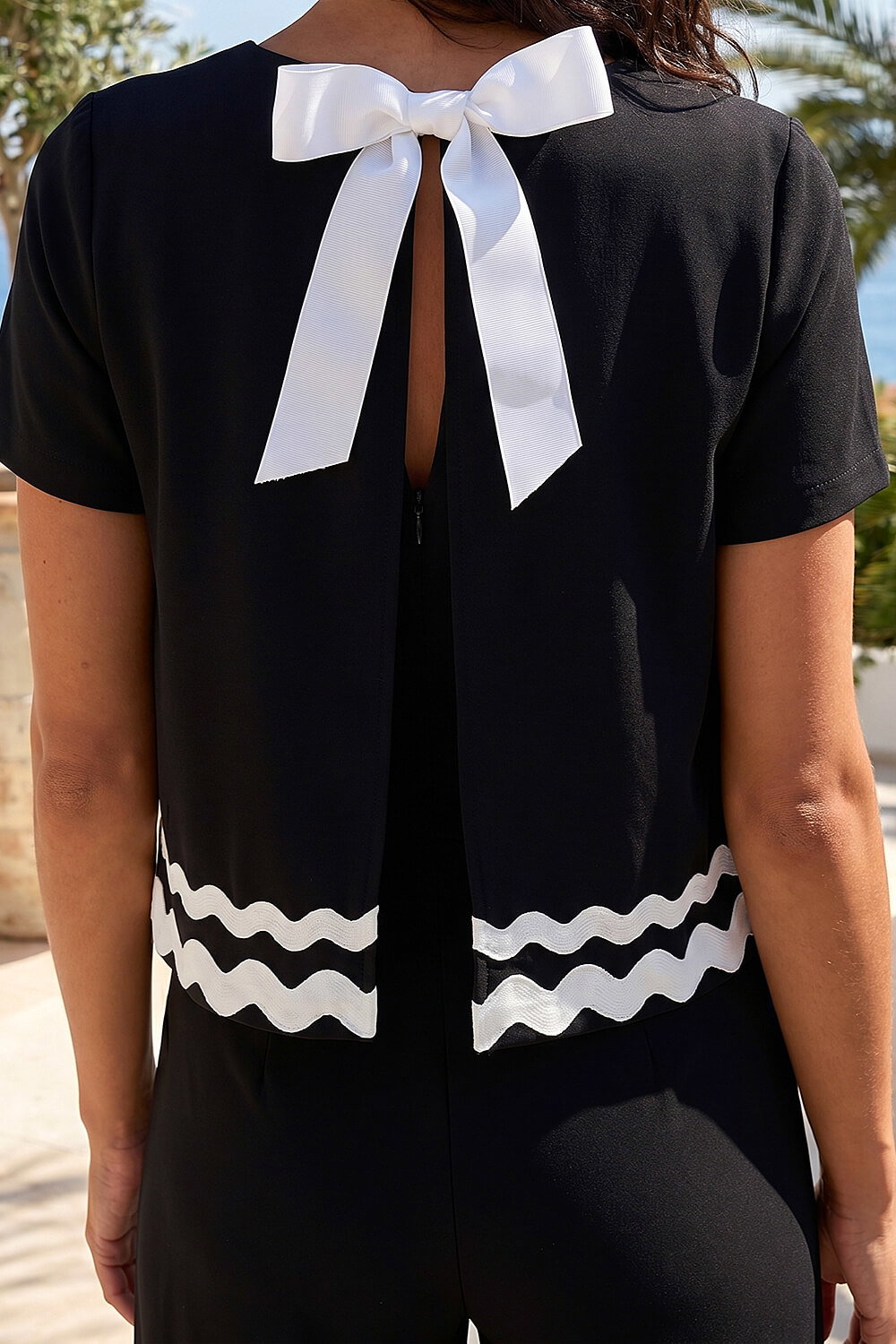 Black Ric Rac Trim Stretch Jumpsuit , Image 5 of 4