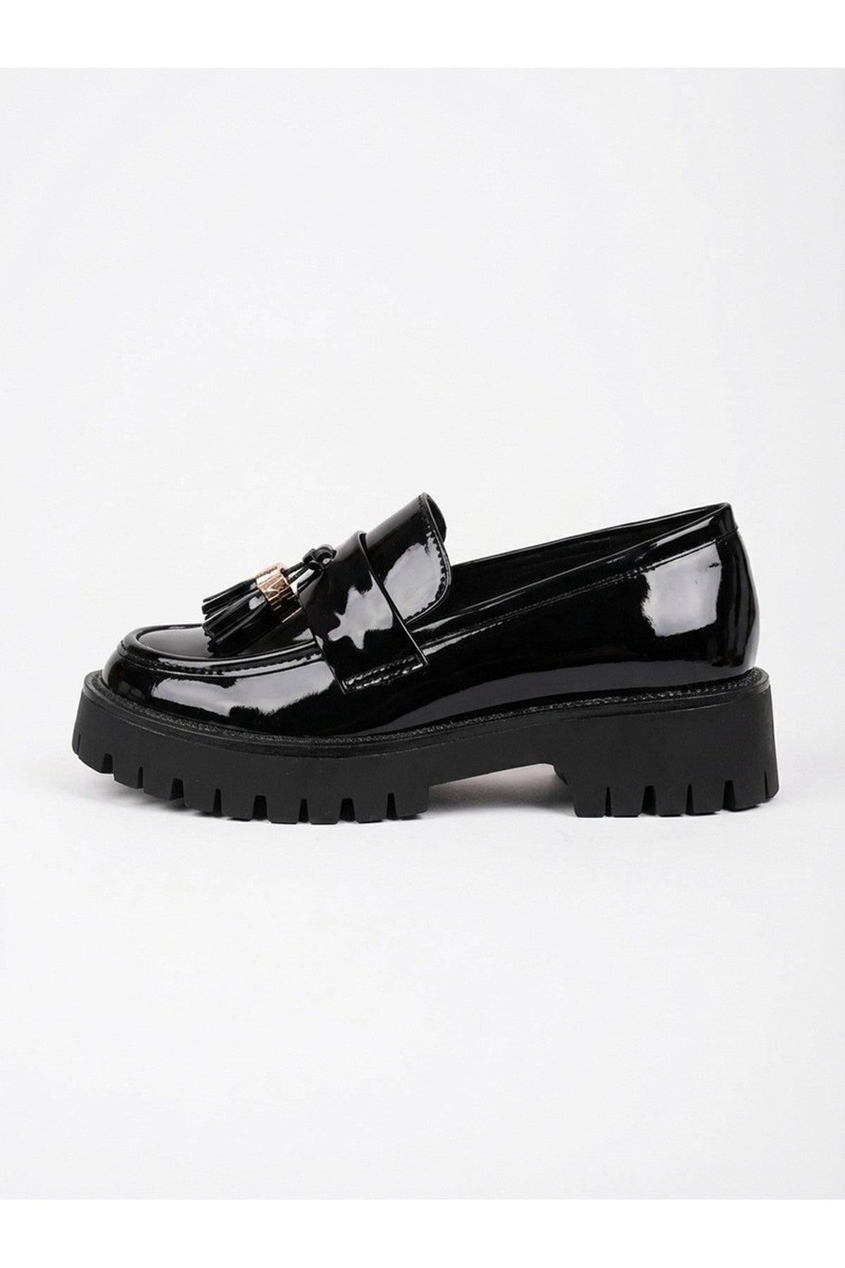 Black Mia Womens Chunky Patent Tassel Loafers, Image 7 of 8