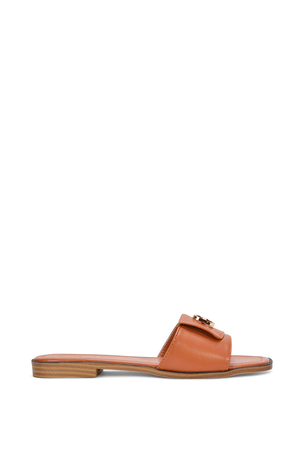 Black 'Leigh' Open Toe Foldover Buckle Slip On Flat Slider Mules