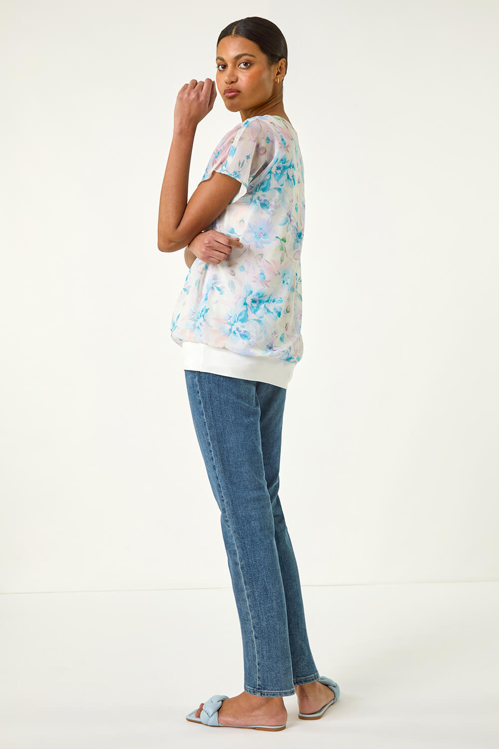 Blue Floral Print Bubble Hem Top, Image 4 of 5