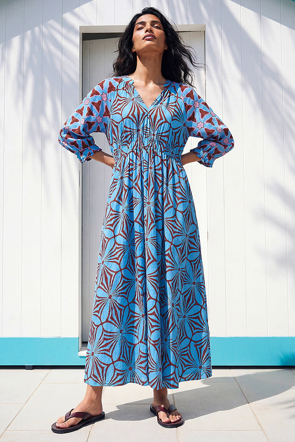 Blue Abstract Print V-Neck Maxi Dress, Image 3 of 4