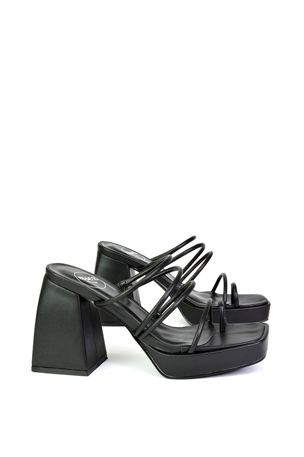 Black XY LONDON Black 'Colt' Strappy Square Toe High Block Heel Platform Mule Sandals, Image 2 of 5