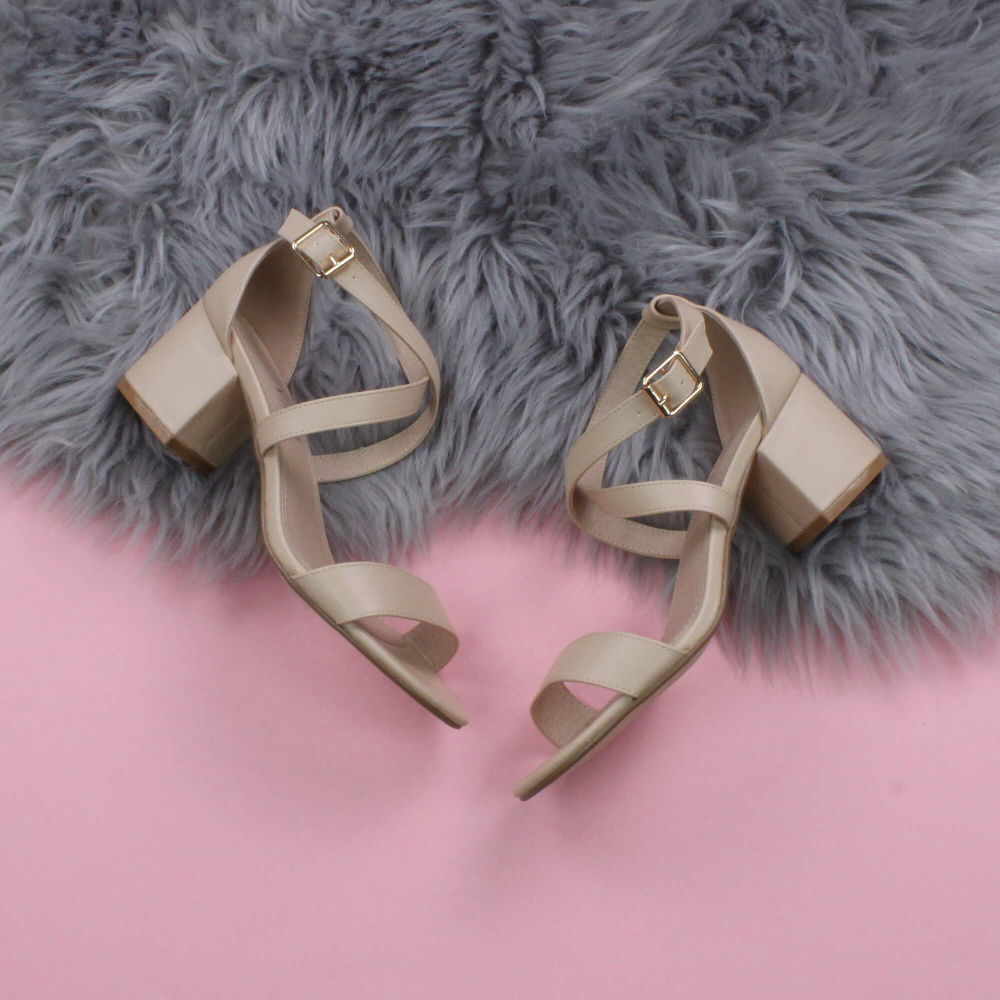 Natural Mid Block Heel Crossed Straps Sandals, Image 4 of 6