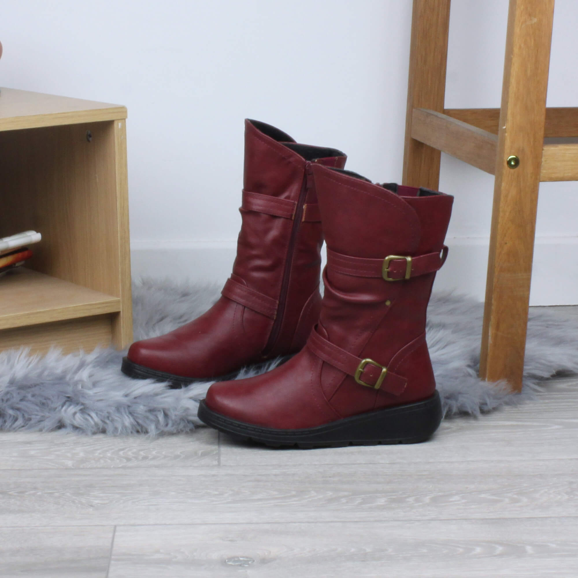 Burgundy AJVANI Burgundy Low Wedge Heel Comfort Calf Biker Boots, Image 4 of 6