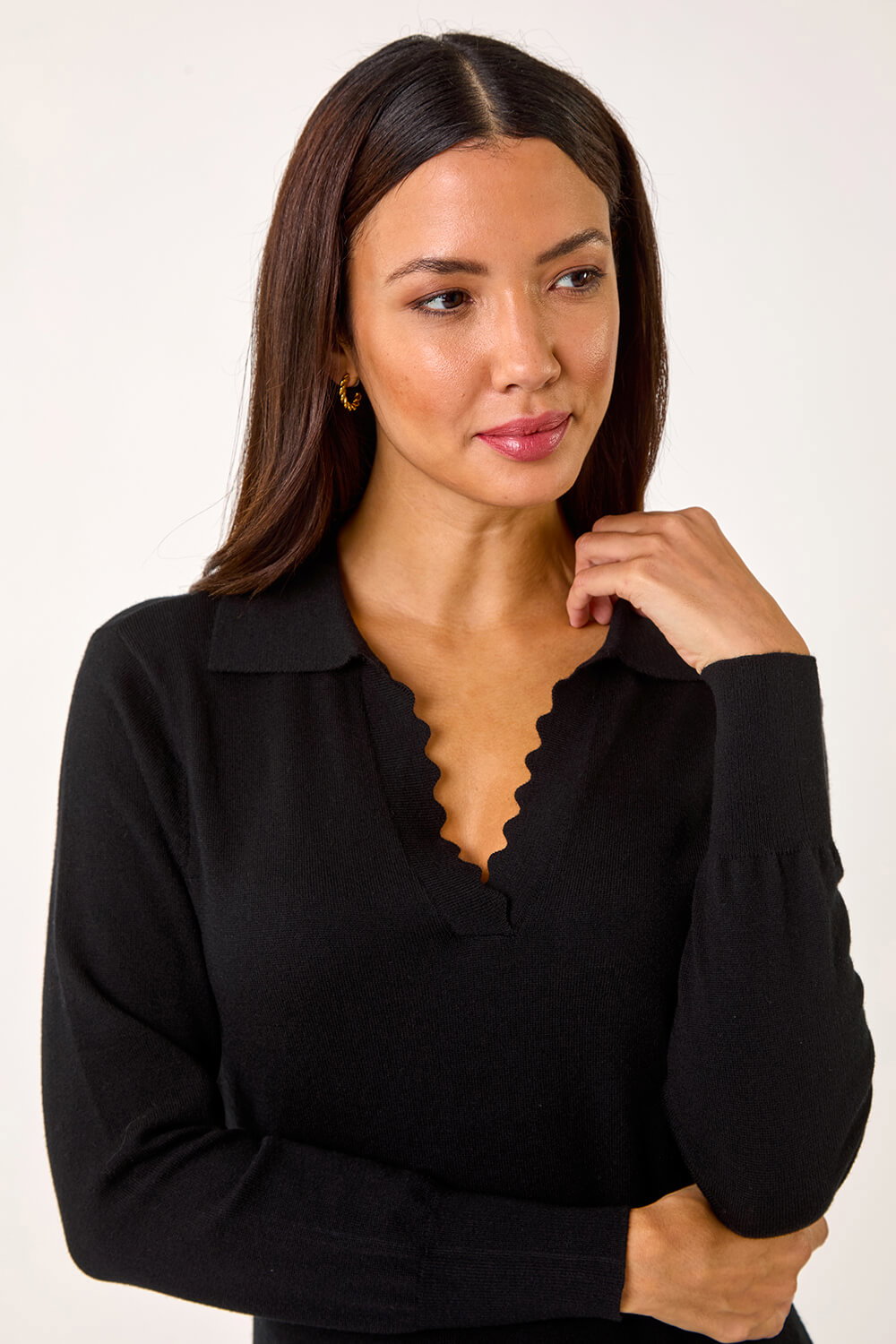 Black Scallop Detail Knitted Midi Dress, Image 5 of 5