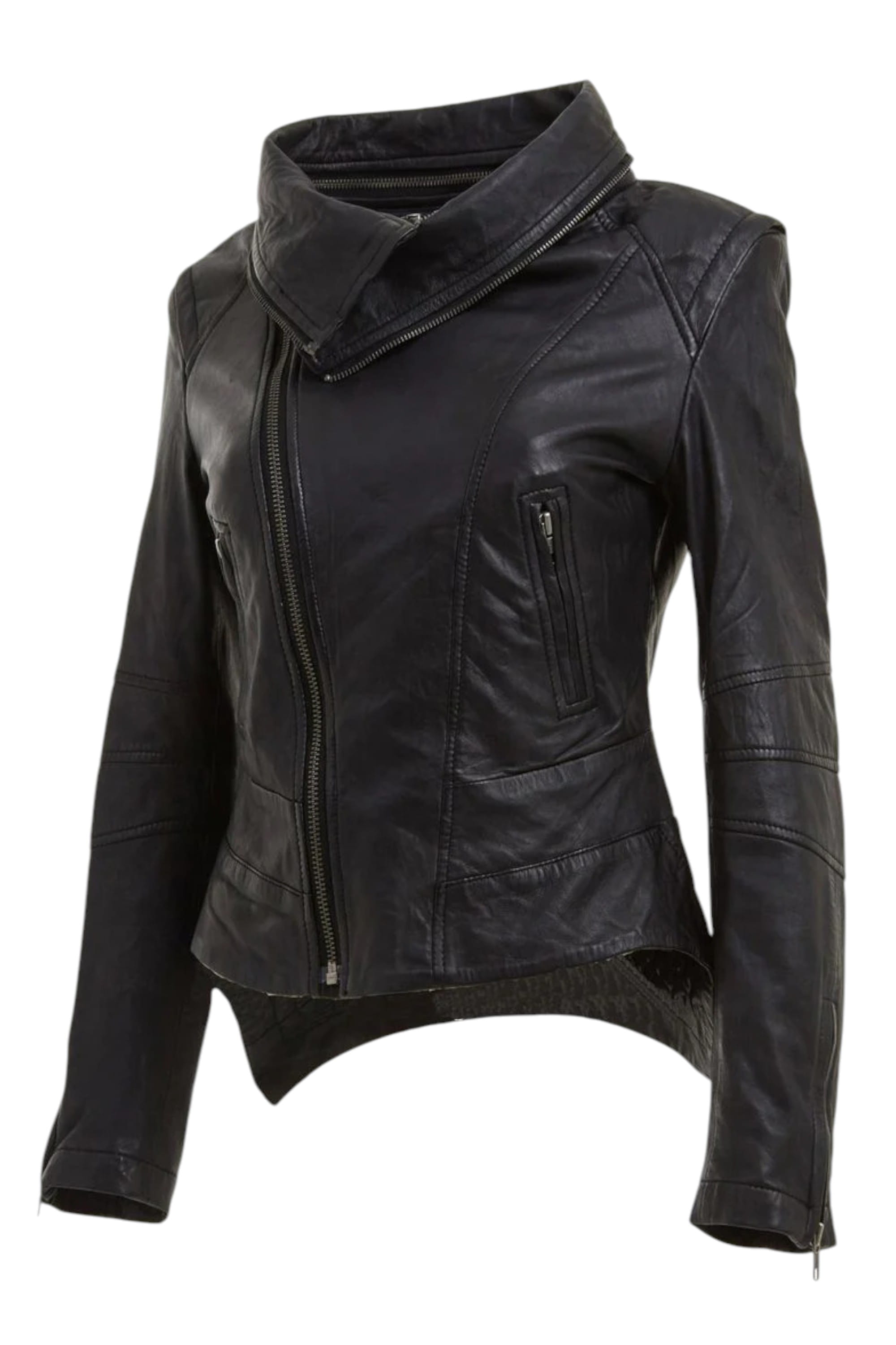 Black Detachable Collar Leather Biker Jacket, Image 4 of 4