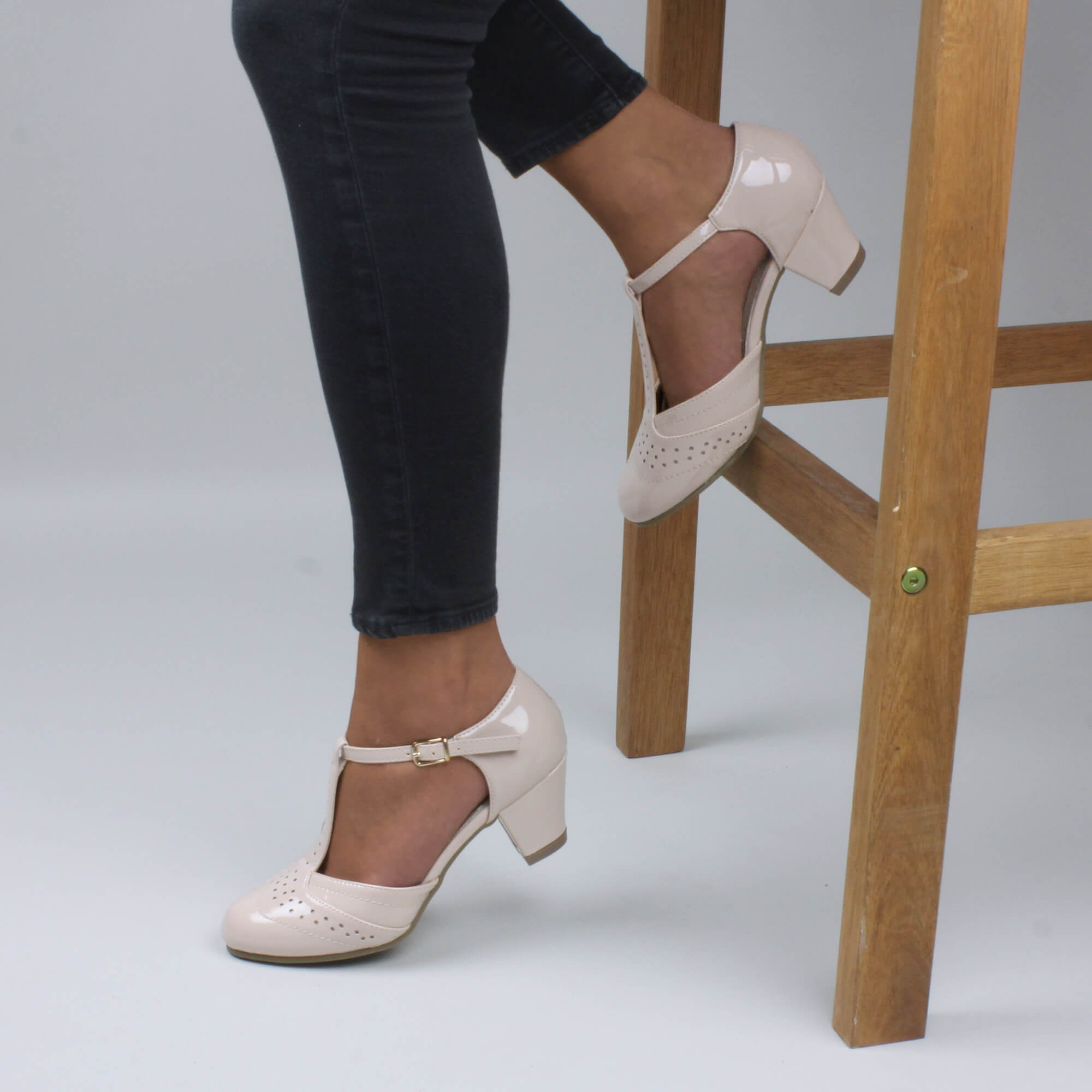 Natural AJVANI Natural Mid Heel Comfort T-Bar Brogue 2 Part Heels, Image 5 of 6