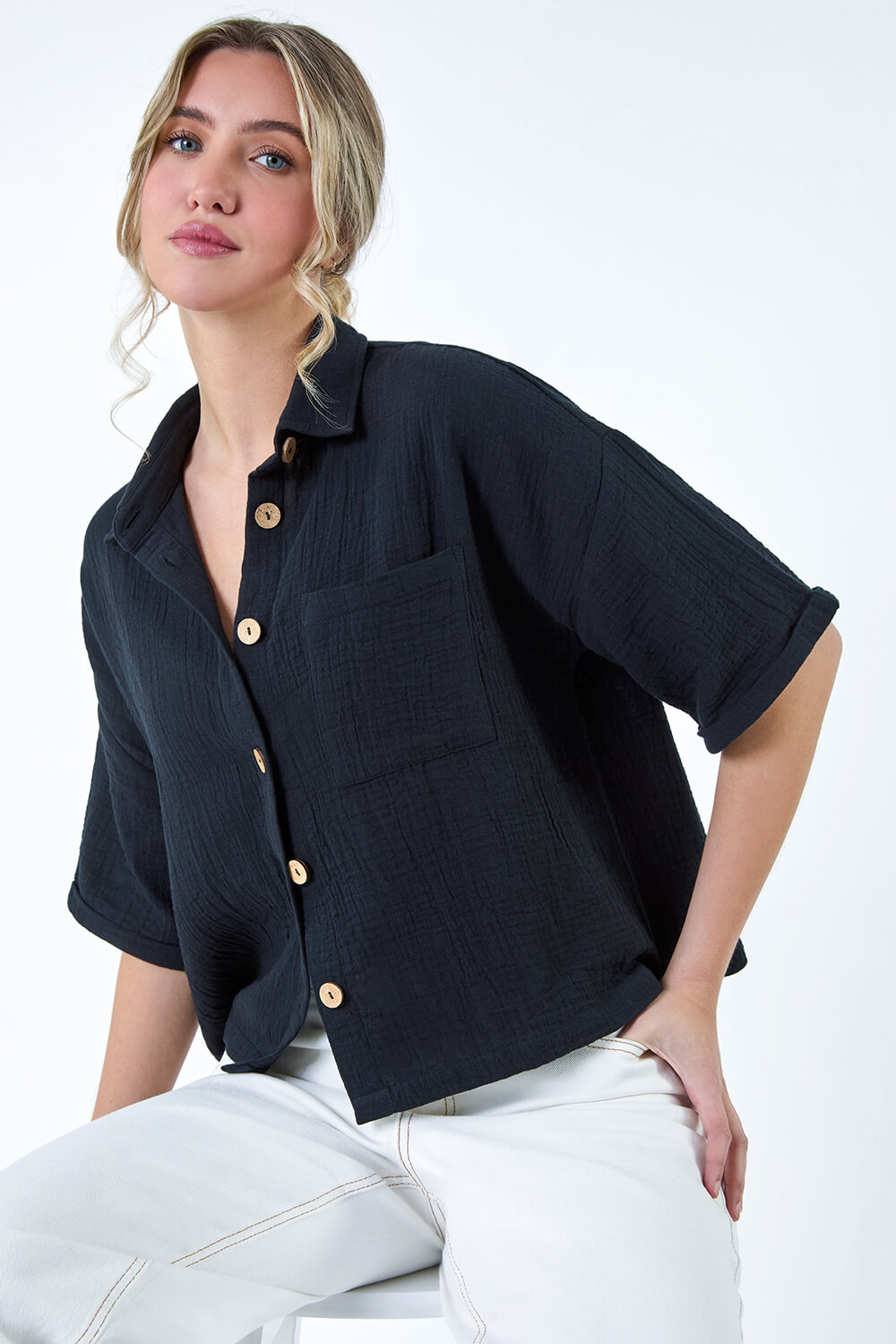 Black Cotton Relaxed Button Shirt, Image 5 of 5