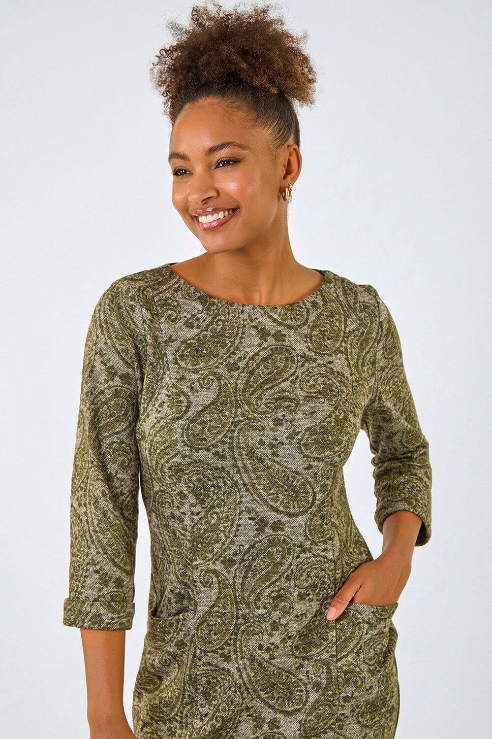 Olive Paisley Print Pocket Shift Stretch Dress, Image 5 of 5