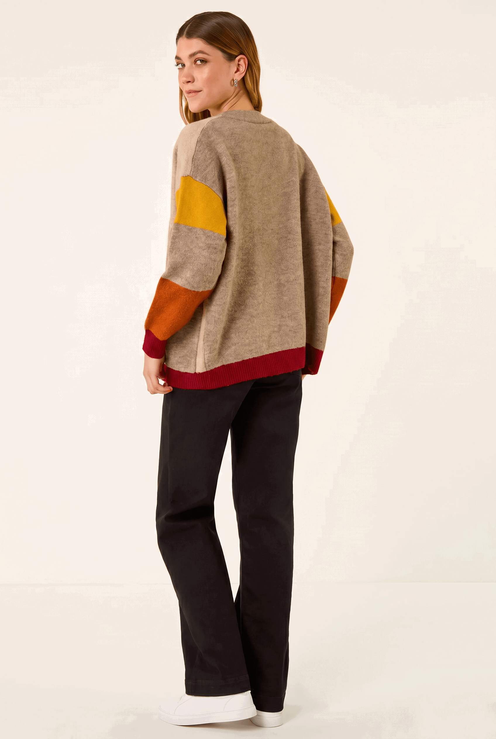 Beige Colour Block Knit Cardigan, Image 6 of 6