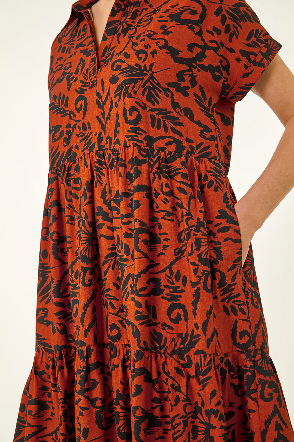 Rust Leaf Print Collared Smock Dress, Image 6 of 5