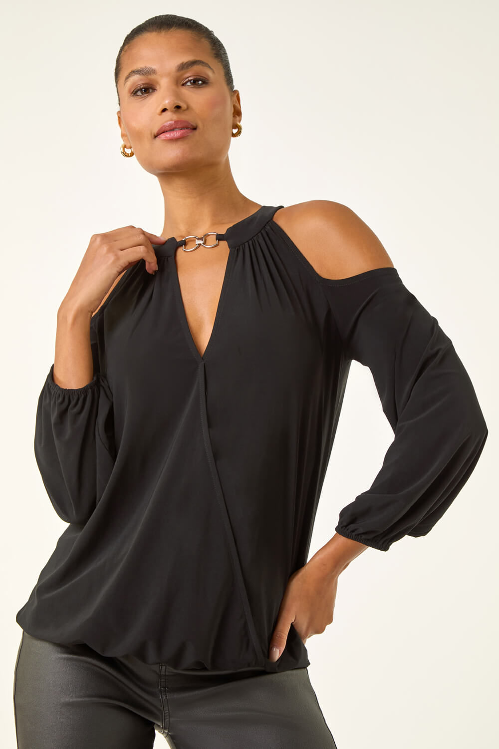 Black V-Neck Cold Shoulder Wrap Stretch Top, Image 5 of 6