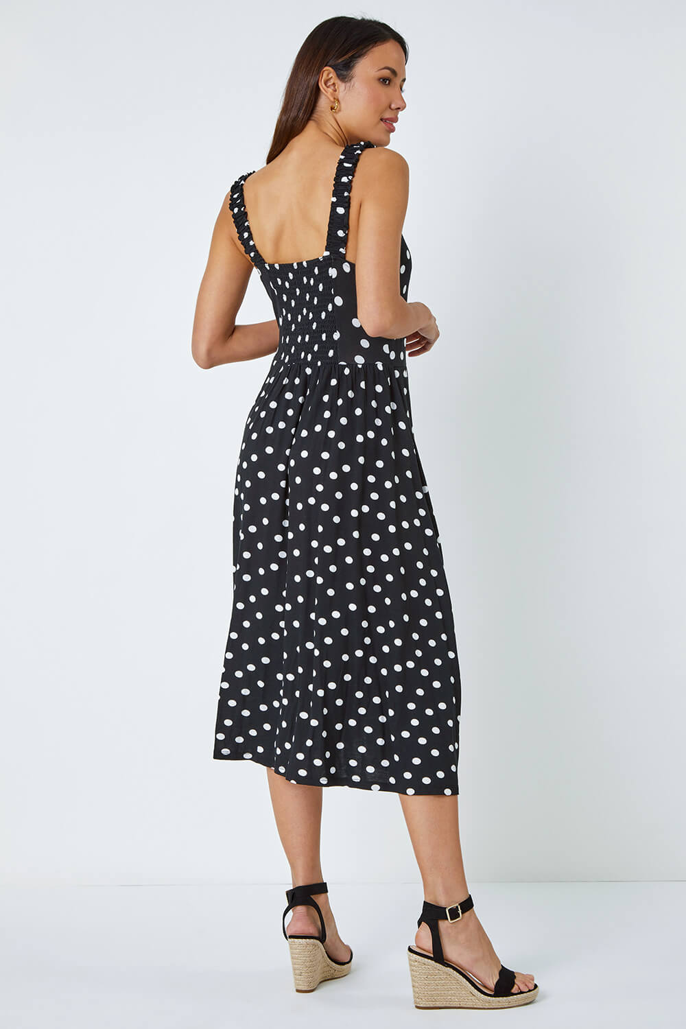 Black Sleeveless Polka Dot Midi Stretch Dress , Image 4 of 5