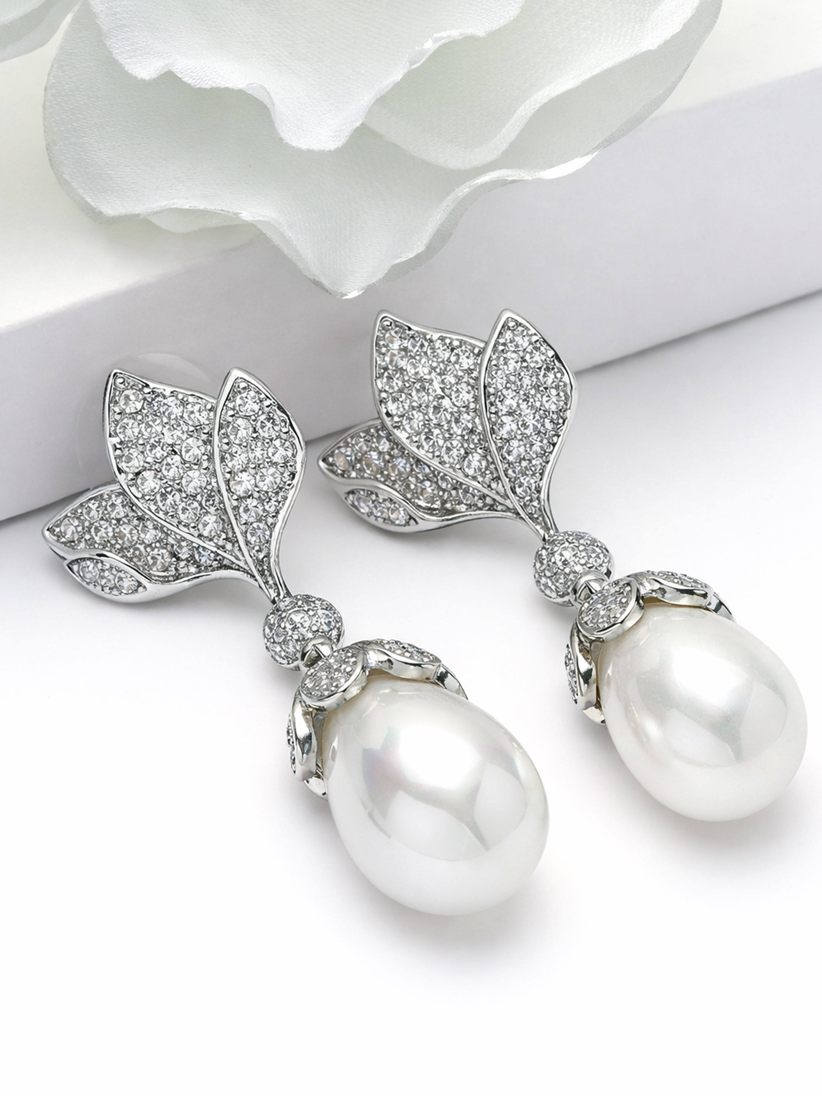 Silver Leaf Pavé Pearl Drop Earrings, Image 3 of 3