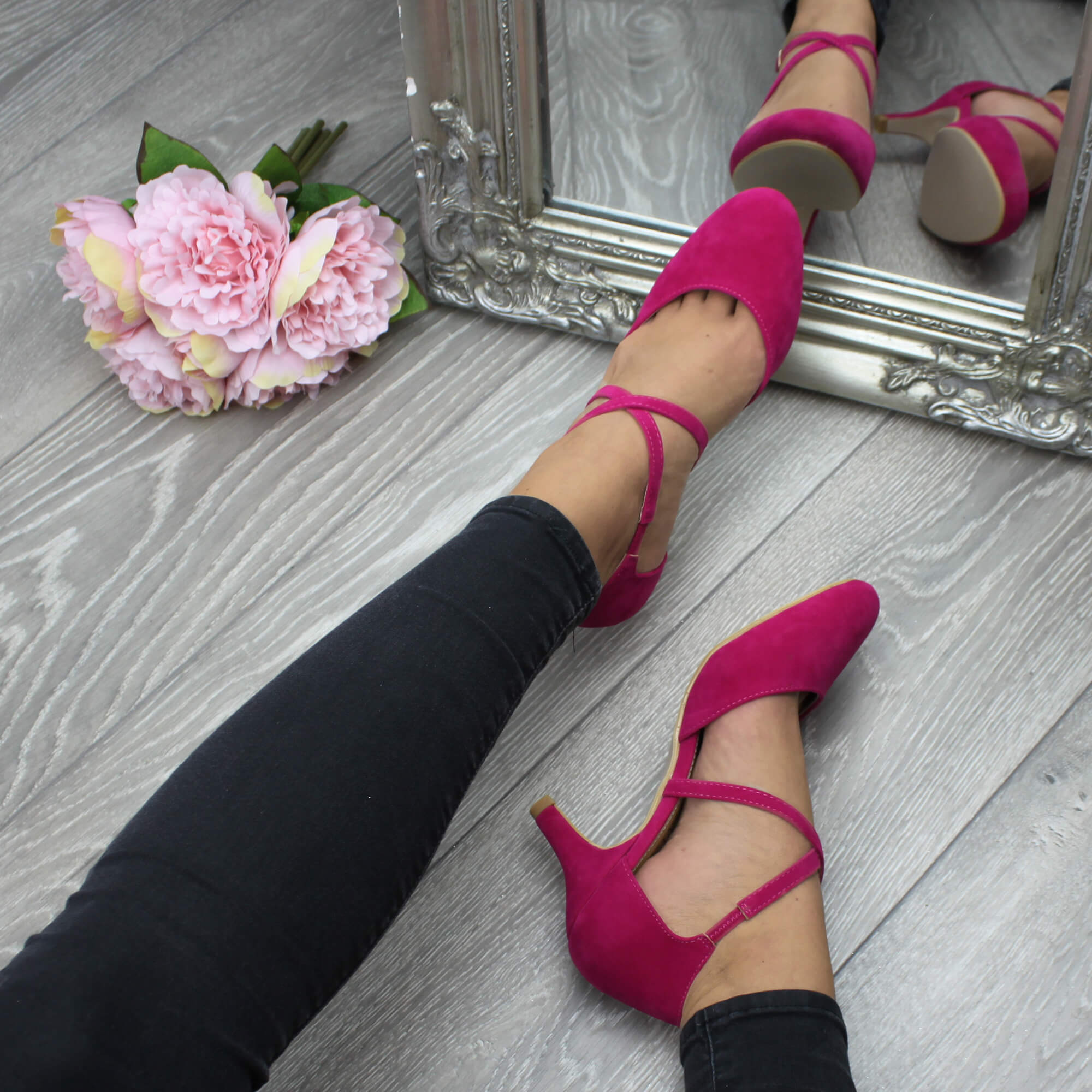 Fuchsia AJVANI Fuchsia Mid Heel Crossed Straps Court Shoes, Image 5 of 6
