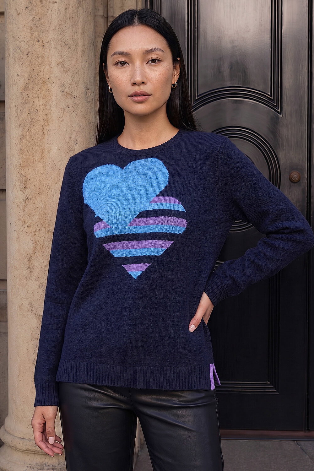 Roman Women's Navy Heart Crew Neck Knit Jumper Size 14