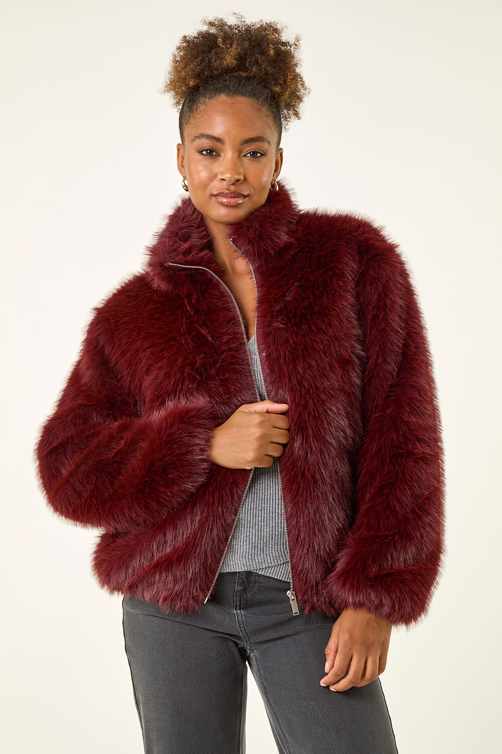 Burgundy Faux Fur Relaxed Jacket, Image 6 of 7