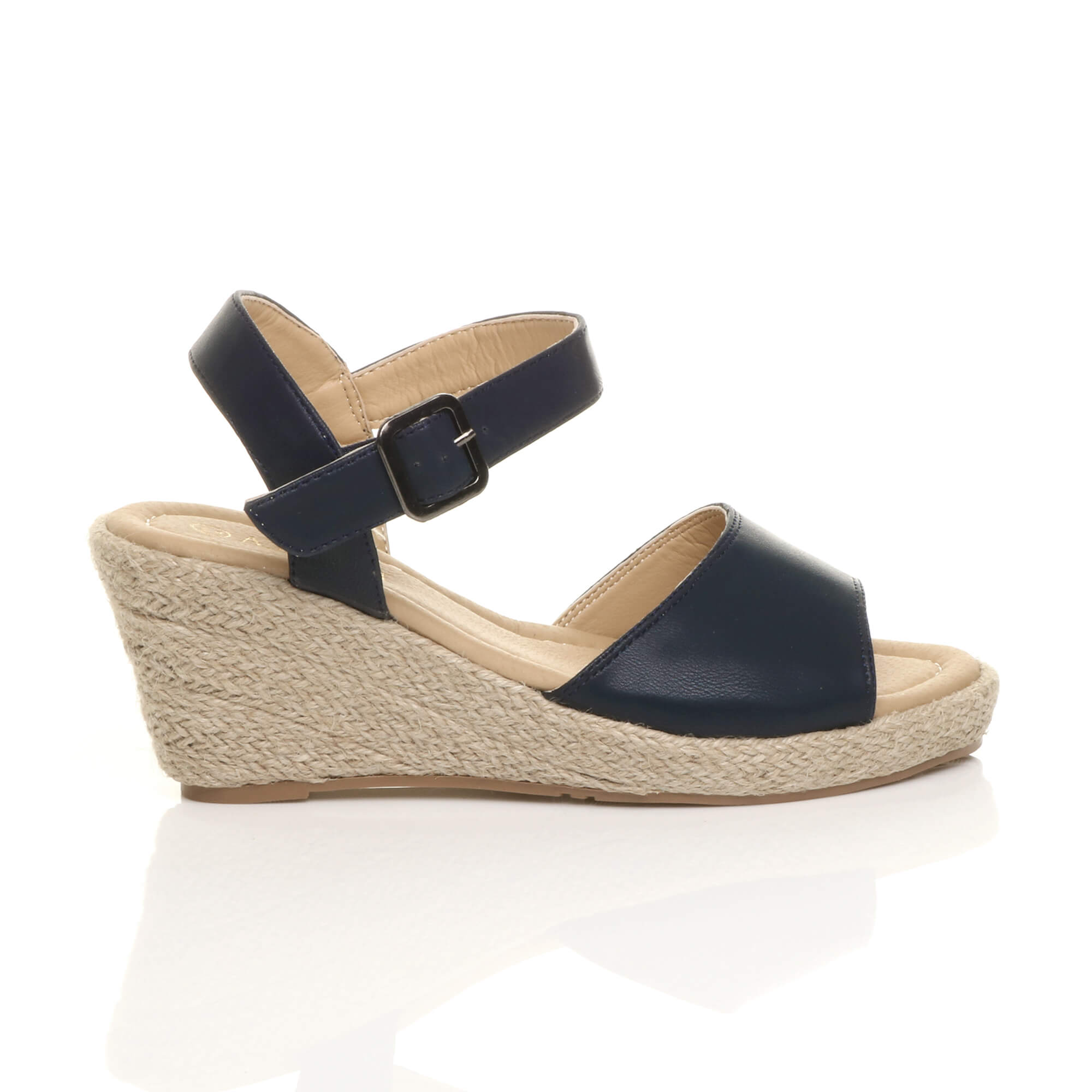 Navy Blue Mid Wedge Heel Ankle Strap Espadrille Sandals, Image 2 of 6