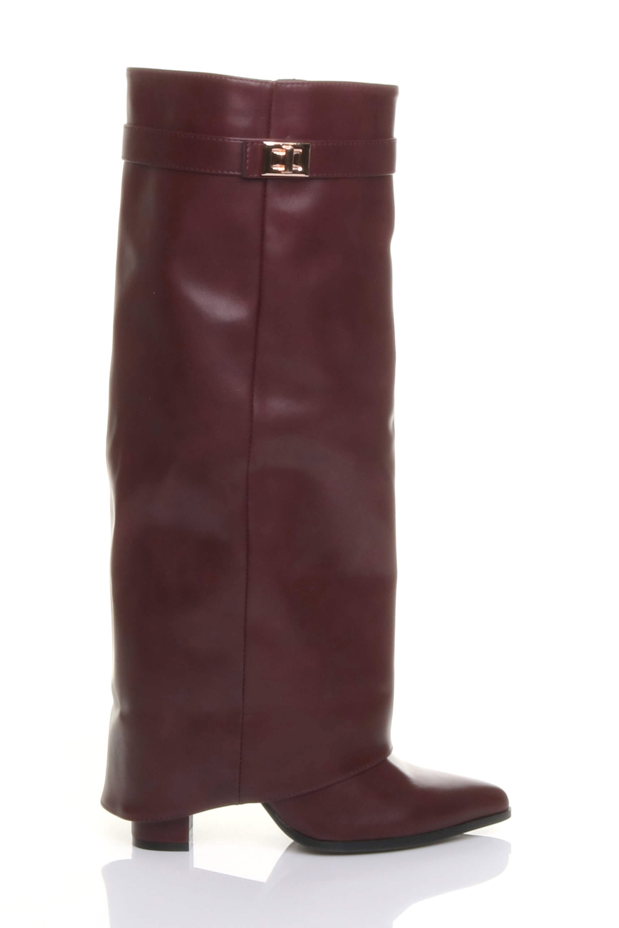 Black High Block Heel Pointed Toe Fold Over Knee Boots