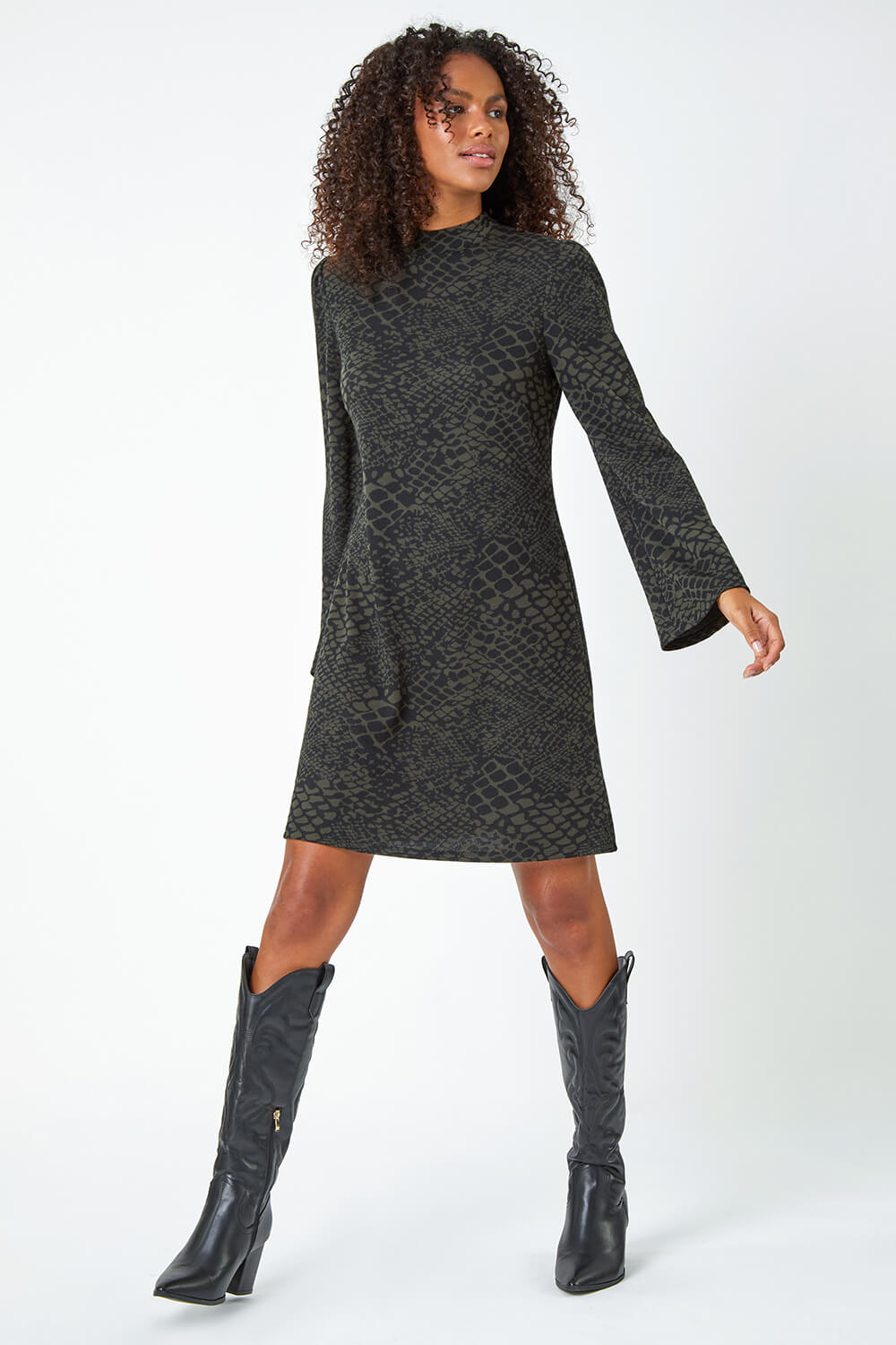 Khaki Animal Print Stretch Swing Dress, Image 3 of 5