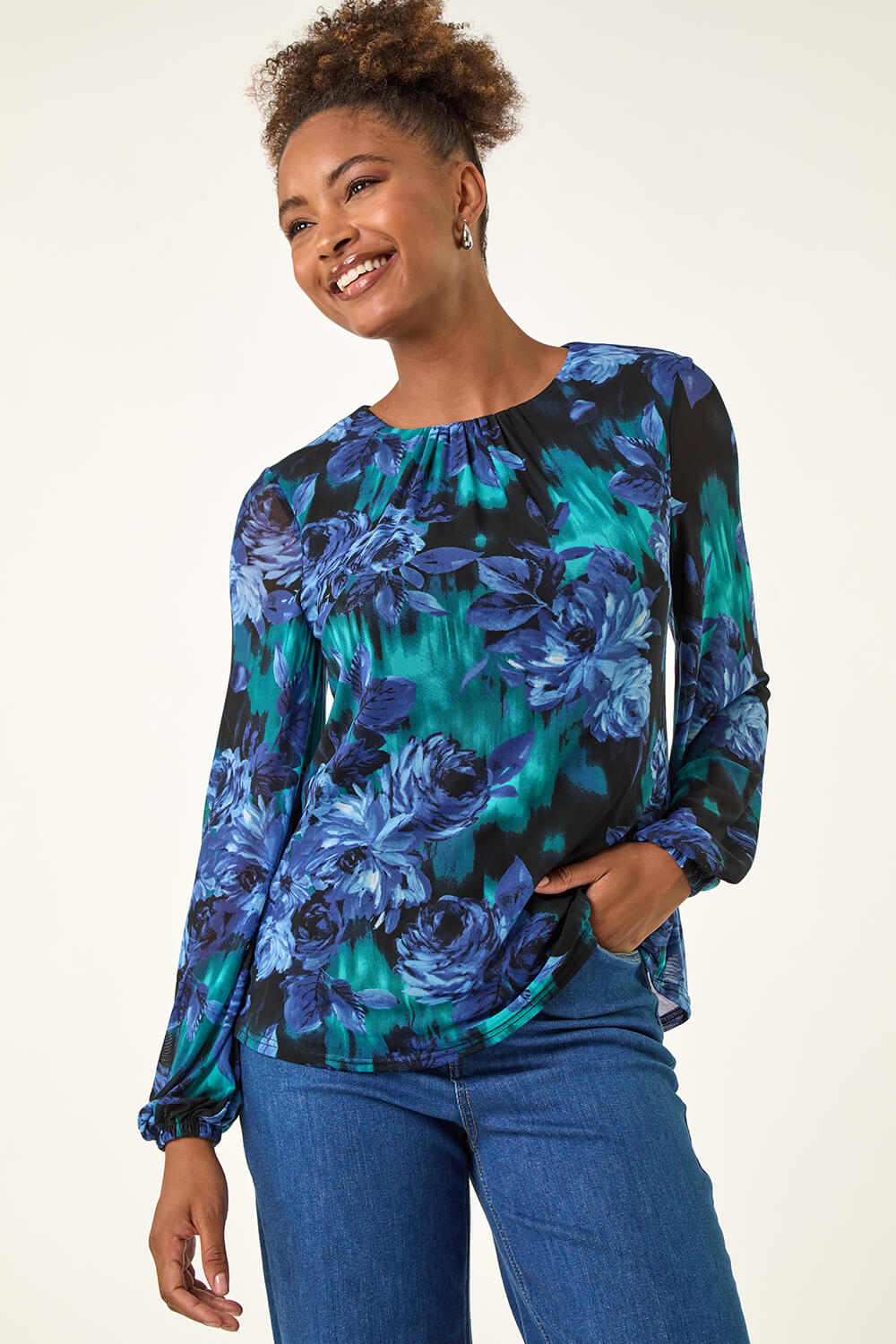 Blue Floral Mesh Top, Image 5 of 5
