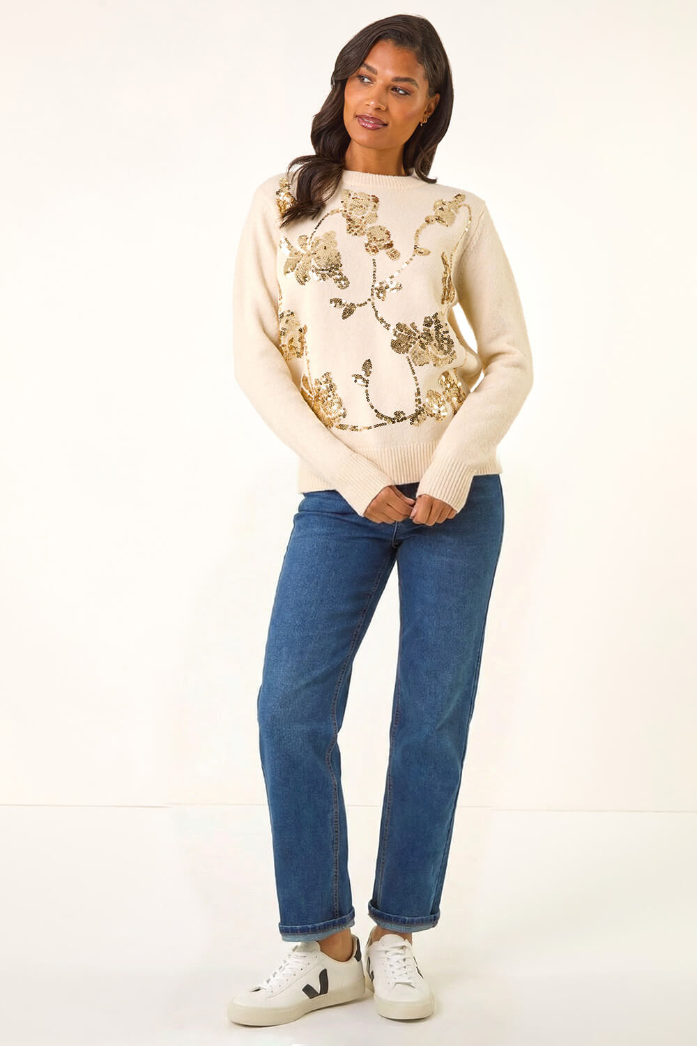 Ivory  Sequin Floral Knit Jumper, Image 3 of 5