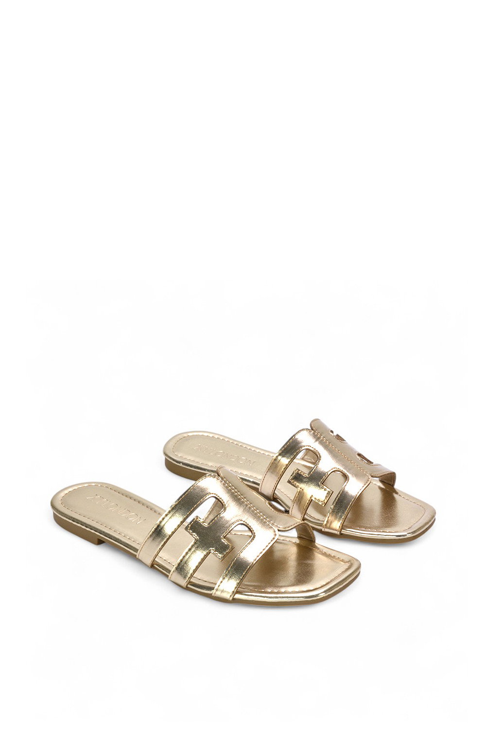 Gold XY LONDON Gold 'Ellie' Square Toe Cut Out Strap Flat Sandal Slides, Image 4 of 5
