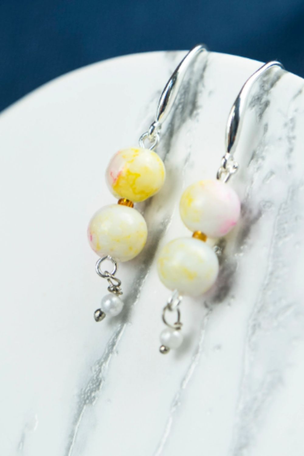 White Colourful Double Marble Pearl Dangle Earrings, 1-inch Drop, Image 2 of 2