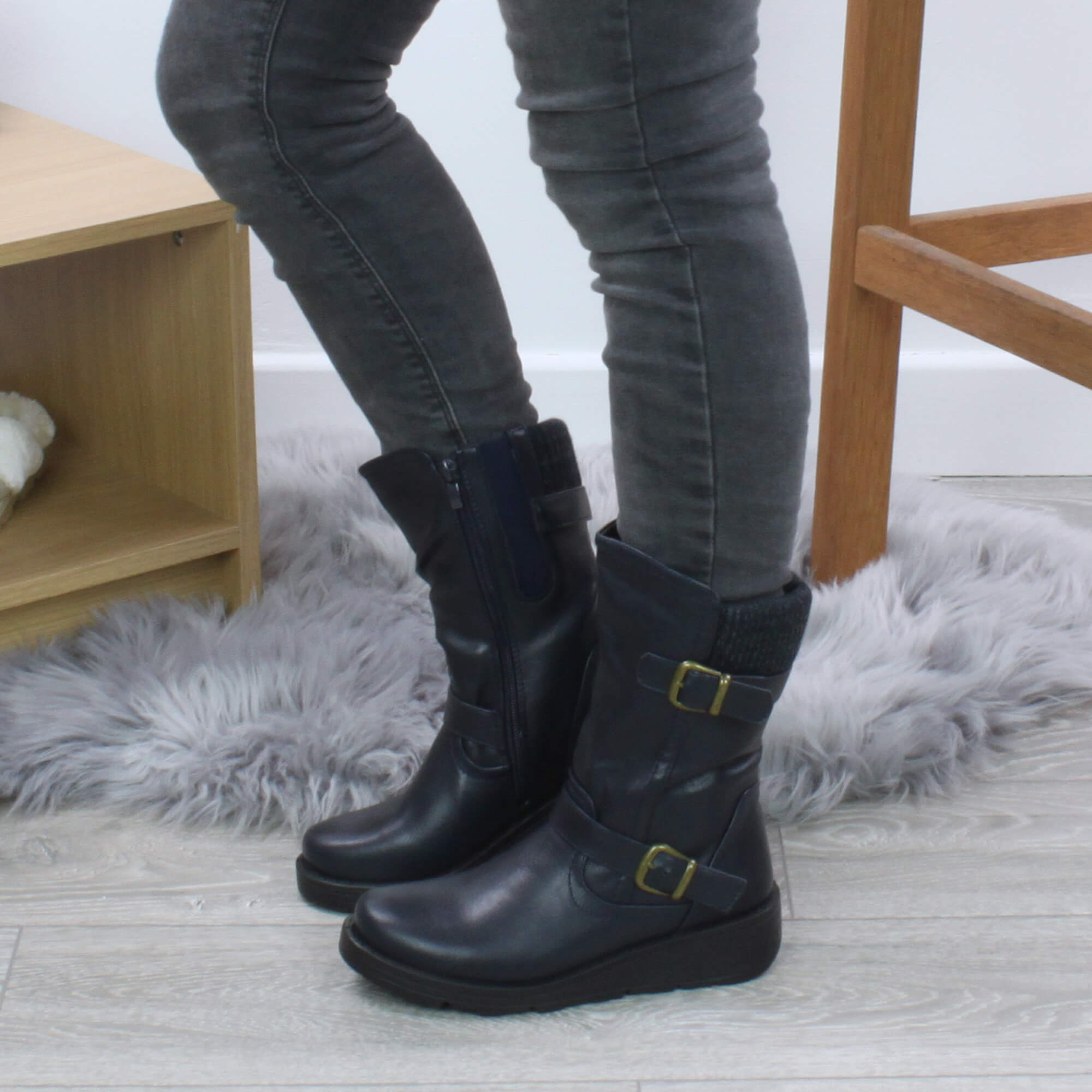 Navy Blue Low Wedge Heel Comfort Calf Biker Boots, Image 5 of 6