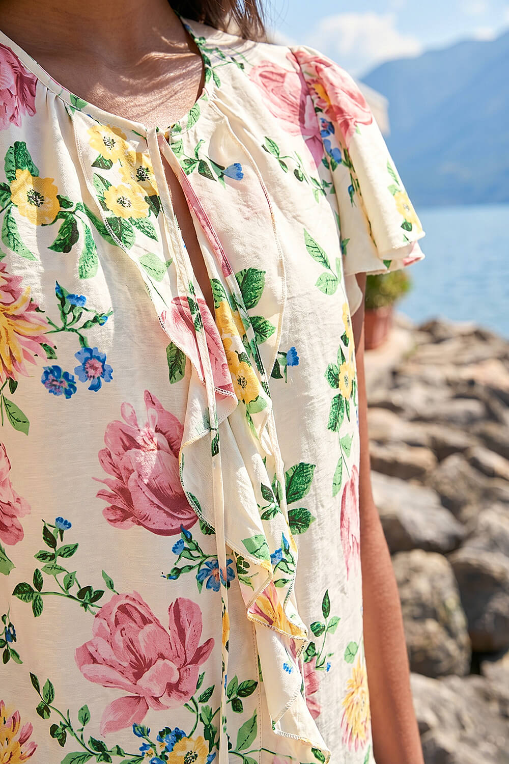Light Pink Floral Tie Front Frill Top, Image 5 of 4