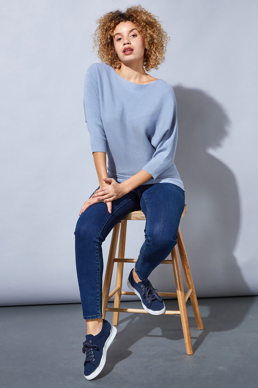 Blue Ribbed Batwing Jumper, Image 3 of 4