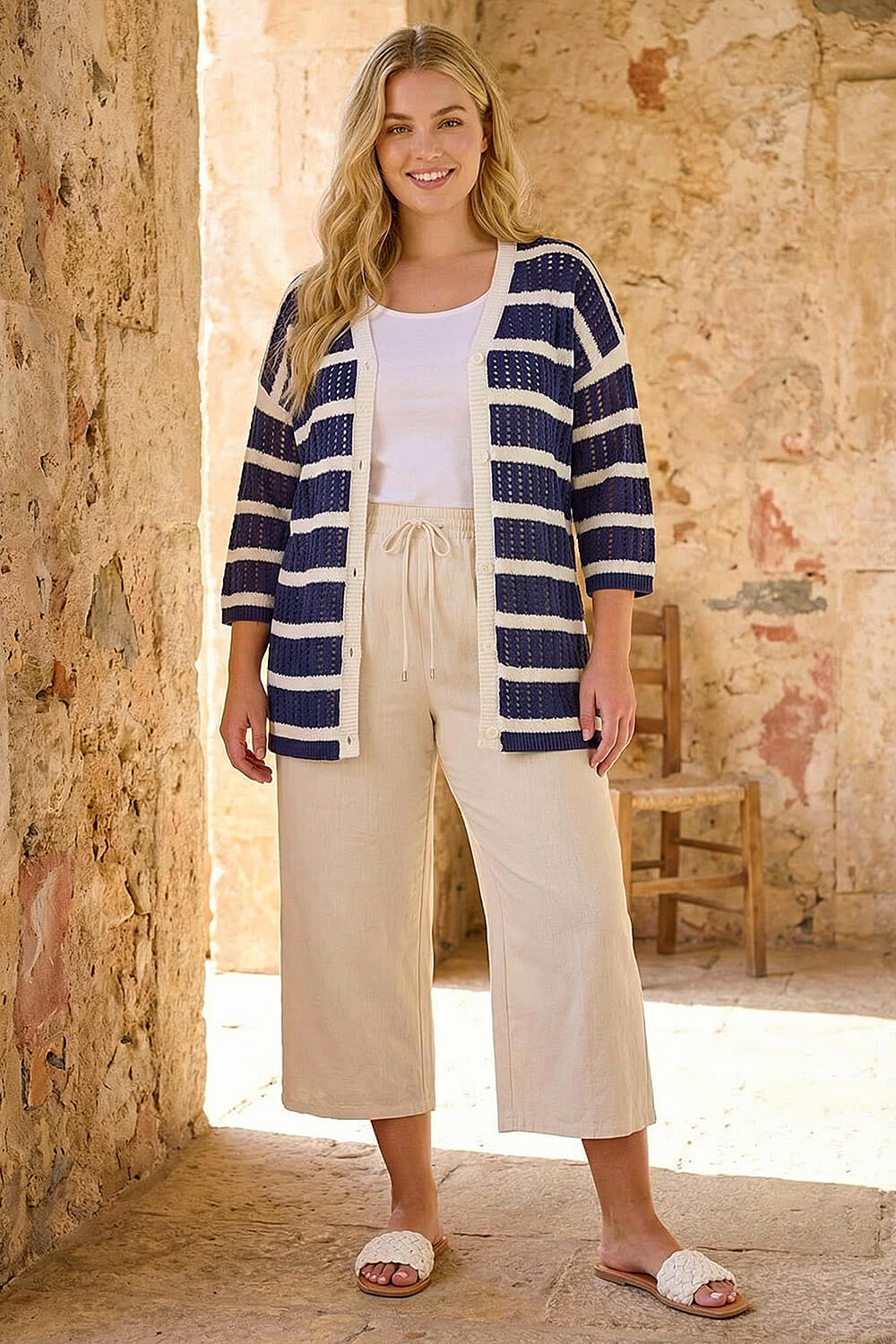 Navy Curve Stripe Crochet Knit Cardigan , Image 3 of 4