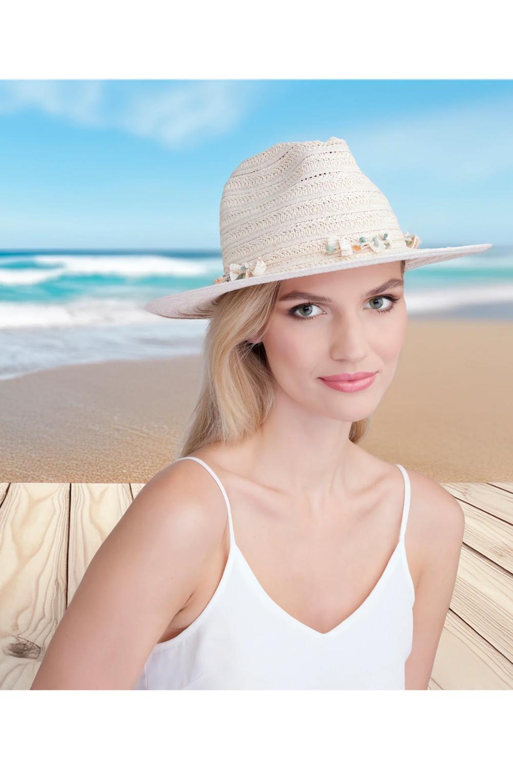 Light Pink Vera - Shell Beaded Straw Fedora - Light Pink, Image 1 of 1